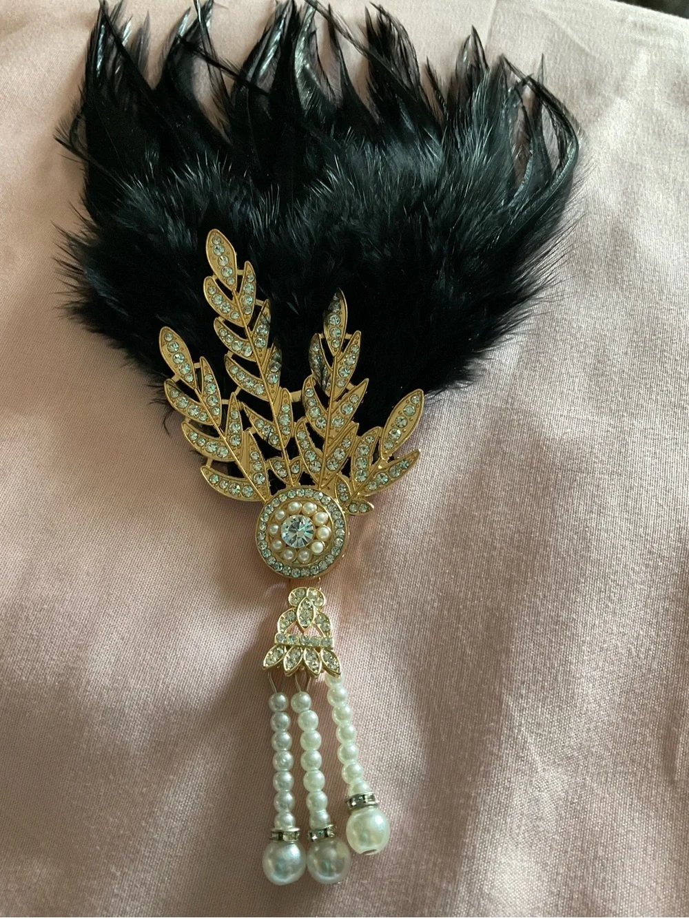 Handmade Flapper Feather Rhinestone Pearl Art Deco Brooch. Was flapper Headband.
